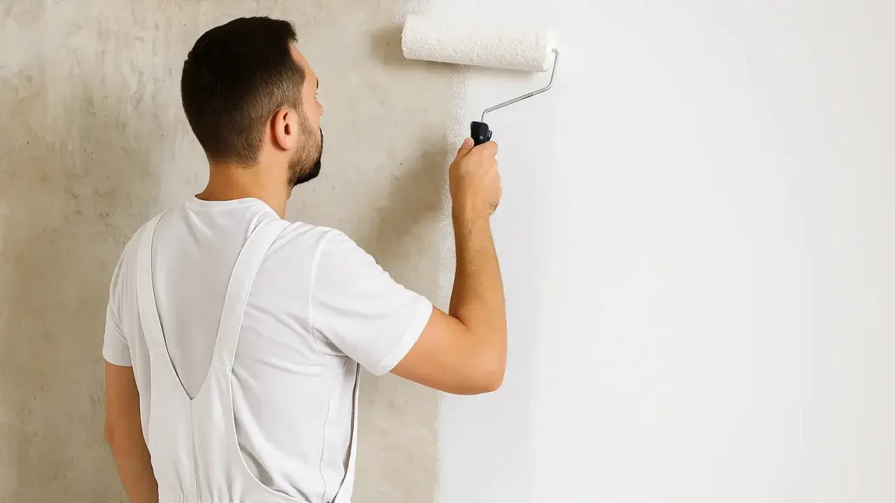 Mann trägt mit einer Malerrolle Rollputz auf eine Wand auf. Die Wand ist halb fertig, die linke Seite ist noch rau, die rechte Seite ist glatt und weiß.