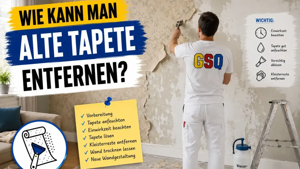 Mann entfernt alte Tapete mit einem Spachtel. Anleitung zeigt Schritte wie Anfeuchten und Ablösen.