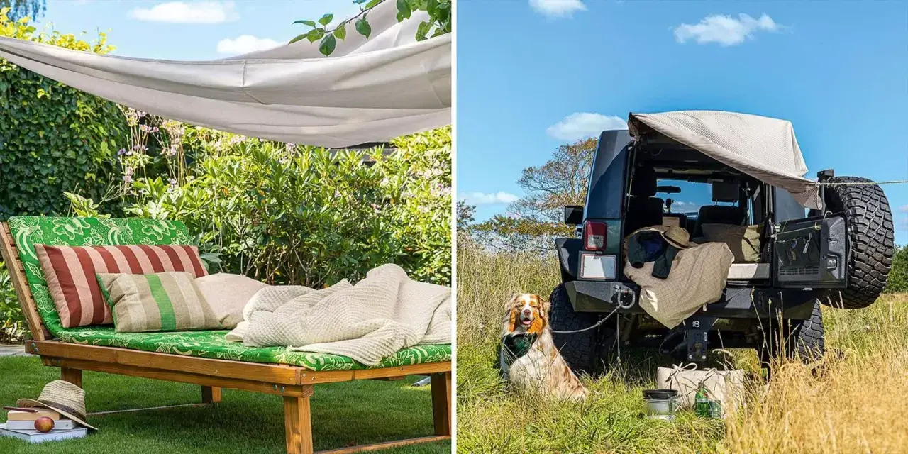 Gemütliche Liege unter einem DIY-Sonnensegel im Garten und ein Geländewagen mit Sonnensegel als Schutz für ein Picknick im Freien.