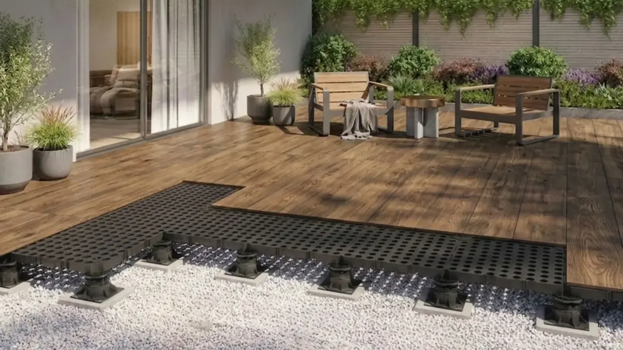 Terrassenplatten mit schwarzem Unterbau auf Kiesbett, bereit für die Montage. Ein moderner Aufbau für eine langlebige Terrasse.