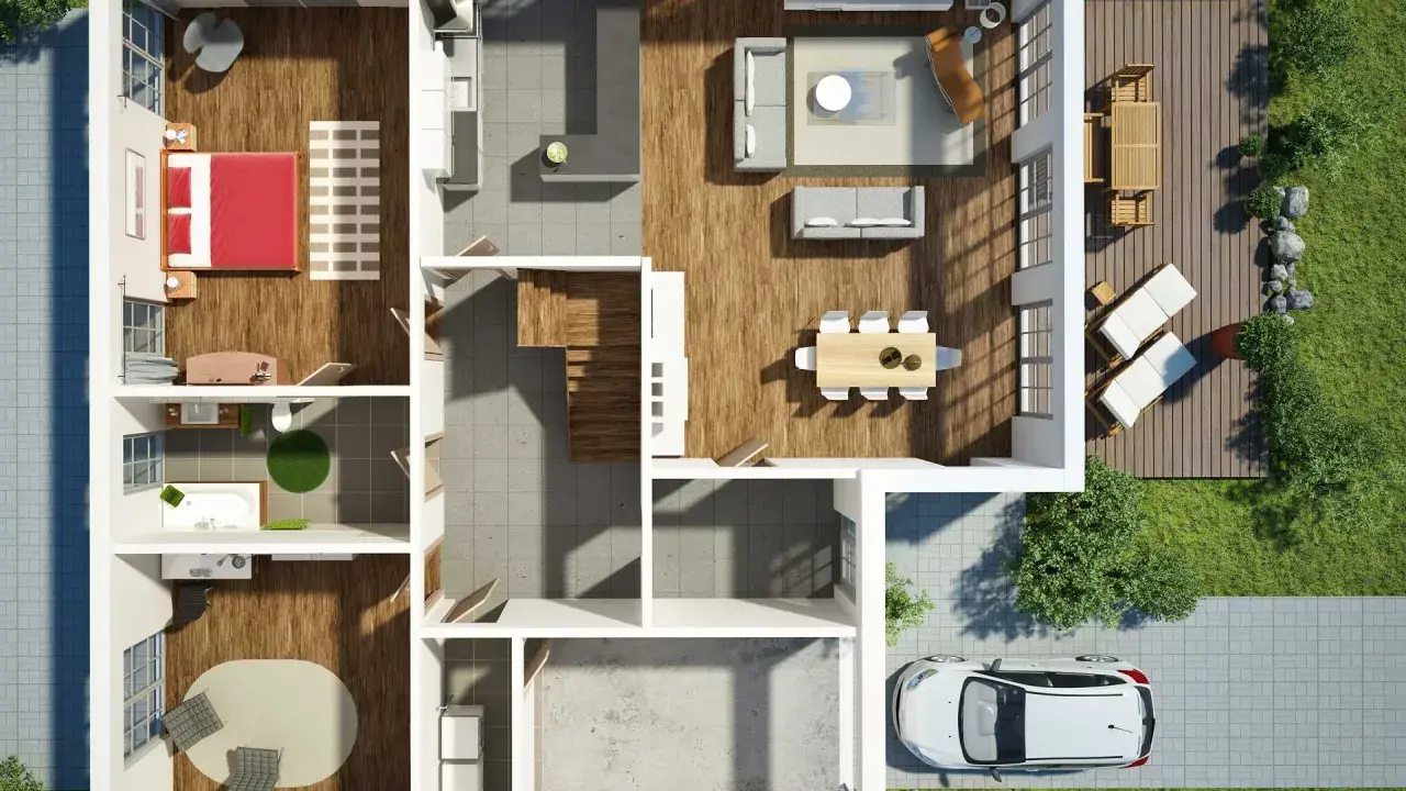Moderne hausbau ideen: Grundriss mit Schlafzimmer, Bad, Küche, Wohnbereich, Esszimmer, Terrasse und Garage.