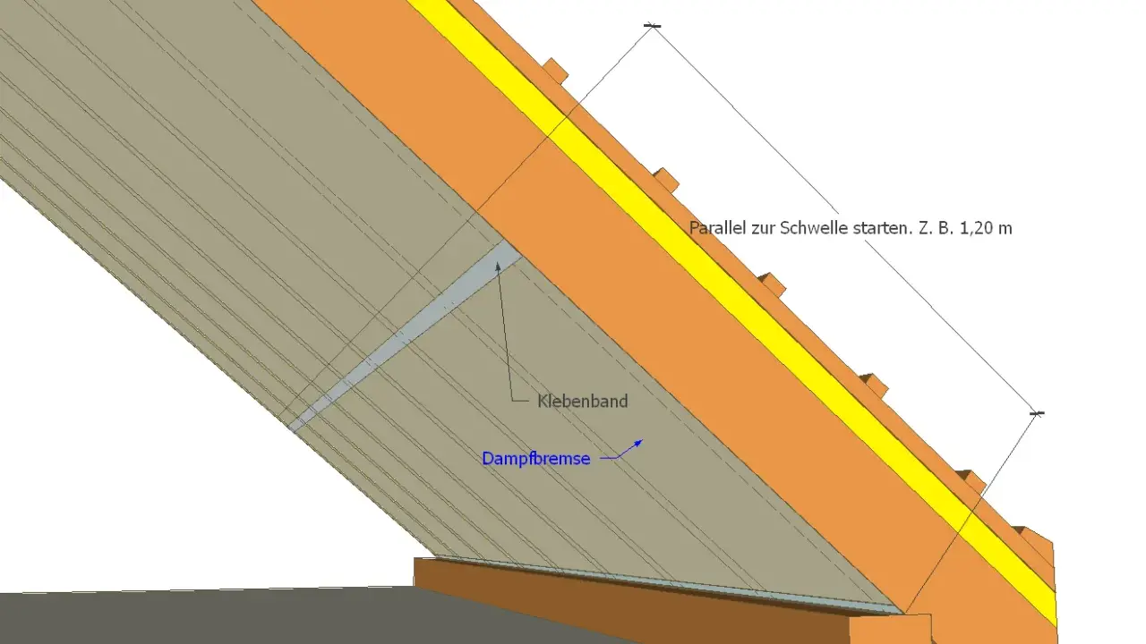 Detailansicht einer Dachkonstruktion: Die **Dampfbremse** wird von der Innenseite angebracht, mit Klebeband abgedichtet.