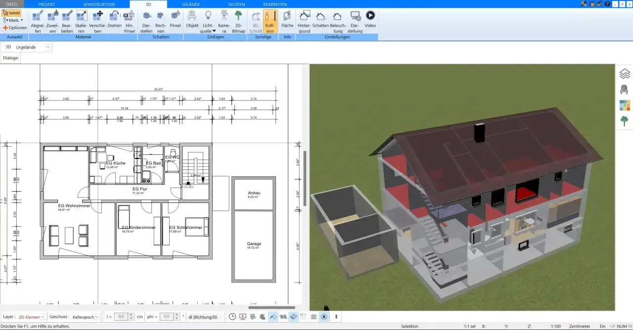 3D-Modell eines Hauses mit Grundriss. Ein Anbau und eine Garage sind sichtbar. Der 3m grenzabstand nicht eingehalten.