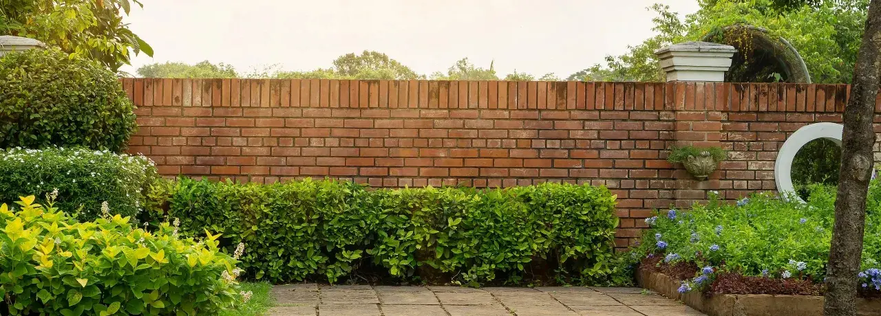 Eine Ziegelmauer im Garten, umgeben von üppigem Grün und blühenden Pflanzen. Tolle Ideen für Gartenmauern!