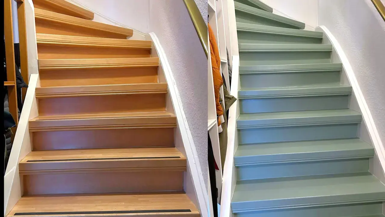 Vorher-Nachher-Vergleich: Holztreppe wird frisch grün lackiert. Die Stufen sind nun einheitlich und modern.