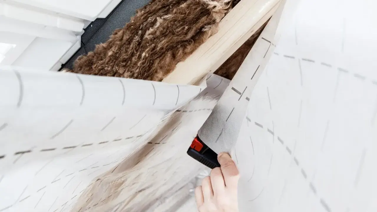 Eine Hand schneidet mit einem Cutter eine Dampfsperre Wand. Dahinter sind Holzsparren und Dämmwolle zu sehen.