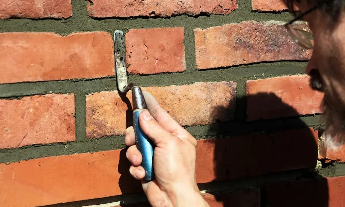 Hand mit Kelle bessert Zementfugen einer Ziegelwand aus.