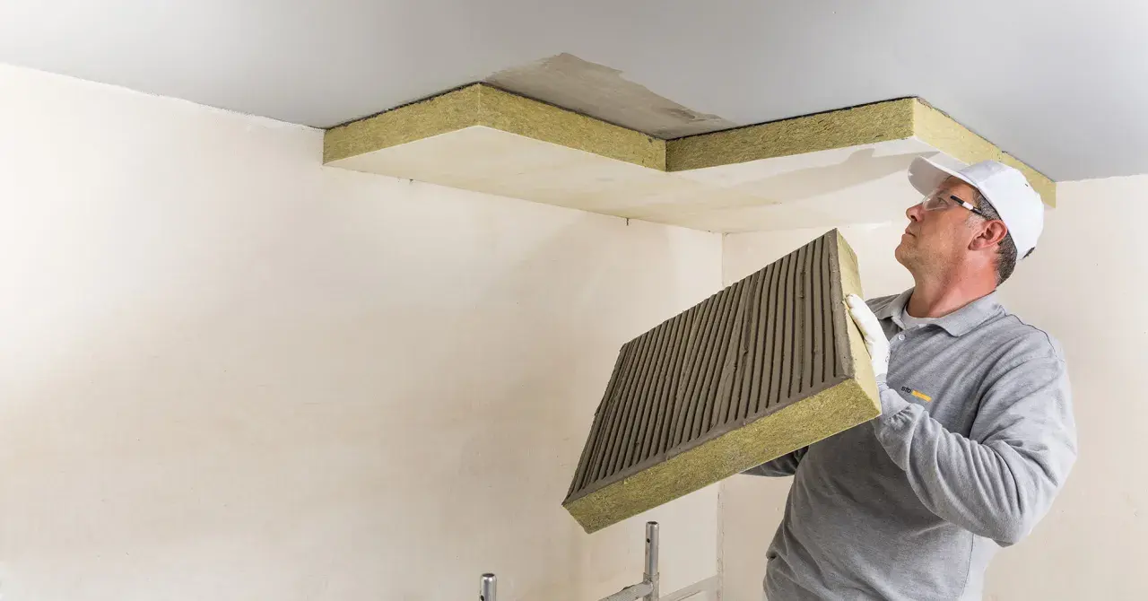 Mann mit Kleber auf Dämmplatte bereitet vor, die Decke zu isolieren.