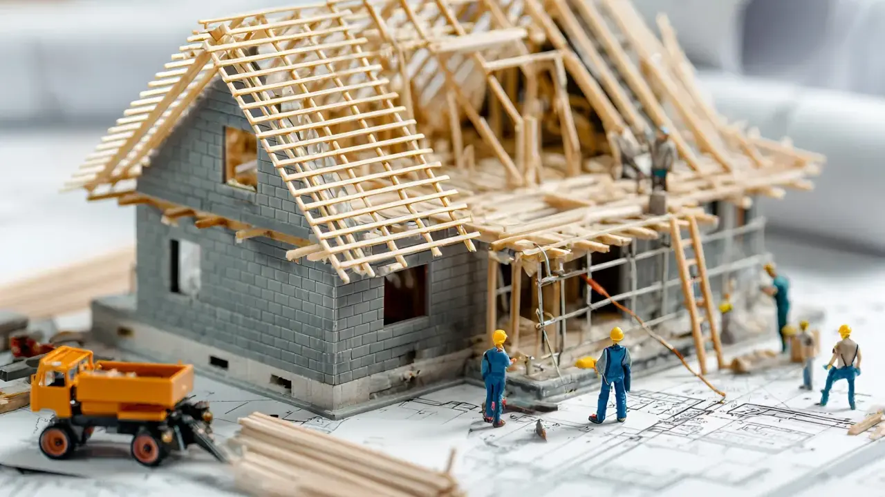 Modellhaus im Rohbau mit kleinen Arbeitern, Bauplänen und einem Bagger. Einblick in die **Kosten Neubau**.