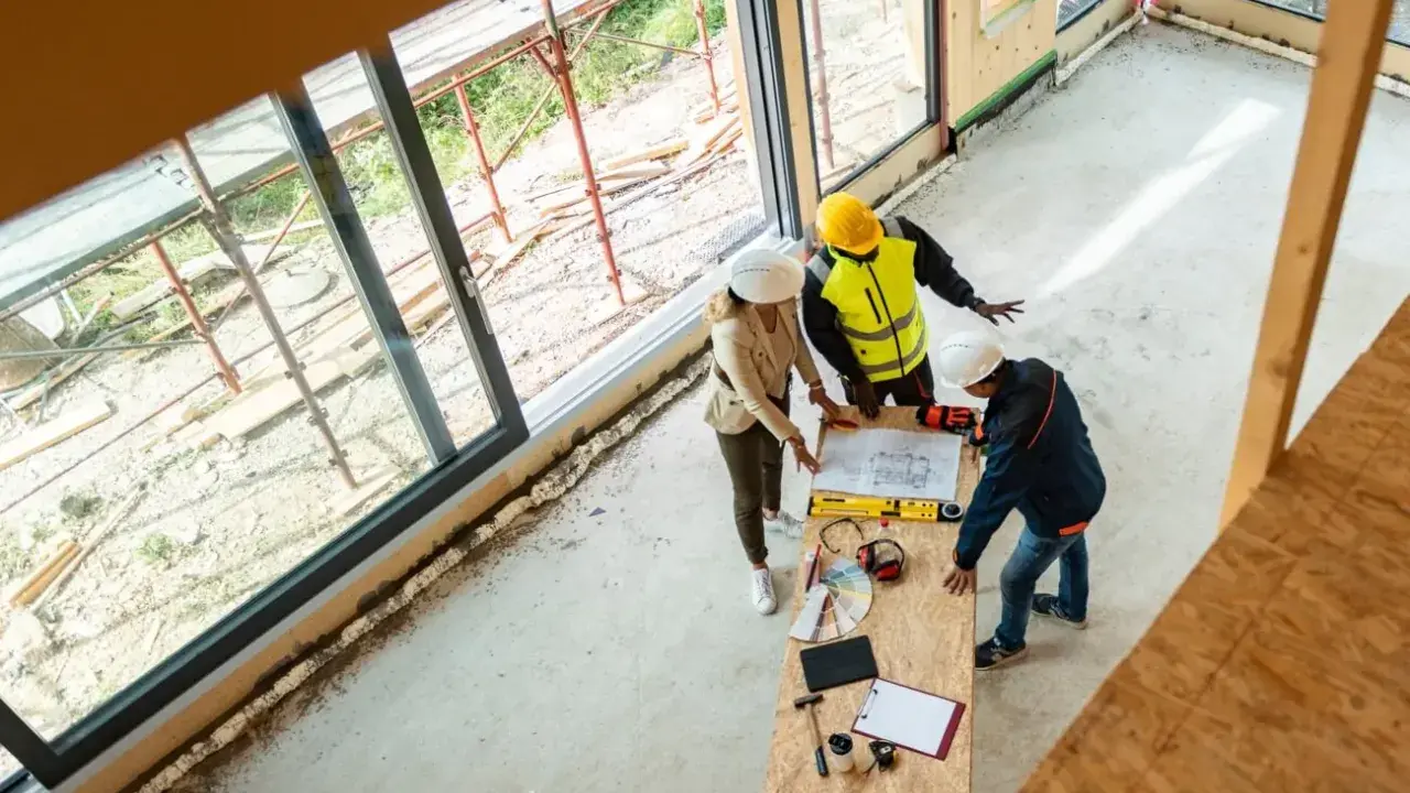Bauarbeiter und Architektin besprechen Pläne für den Ausbauhaus Kosten. Sie stehen an einem Tisch mit Werkzeugen und Farbpaletten.