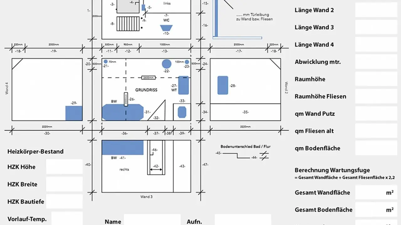 Grundriss mit Maßen, der den estrich aufbau und die Berechnung von Wand- und Bodenflächen zeigt.