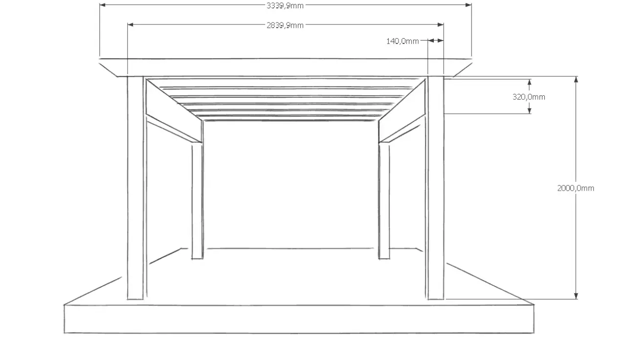 Technische Zeichnung einer carport konstruktion mit Maßen. Vier Pfosten tragen ein Dach mit Sparren.