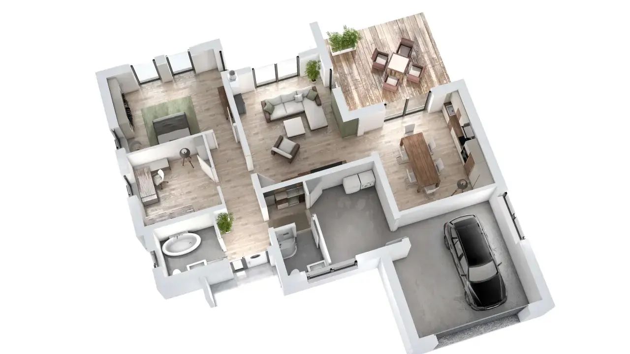 Architektur Grundriss einer modernen Wohnung mit Schlafzimmer, Wohnbereich, Küche, Bad und Garage.