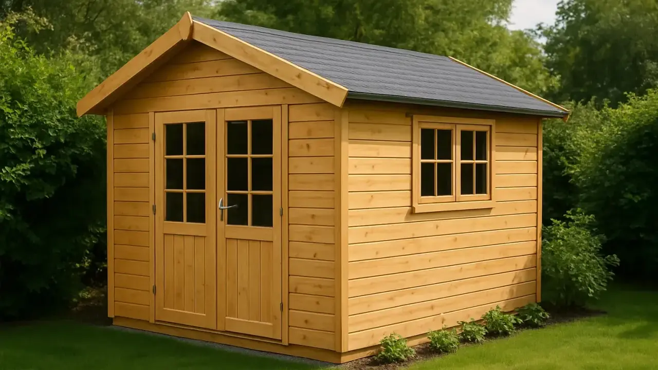 Ein neues Gartenhaus mit Holzdach und Fenster. Die Verkleidung des Gartenhauses ist aus hellem Holz.
