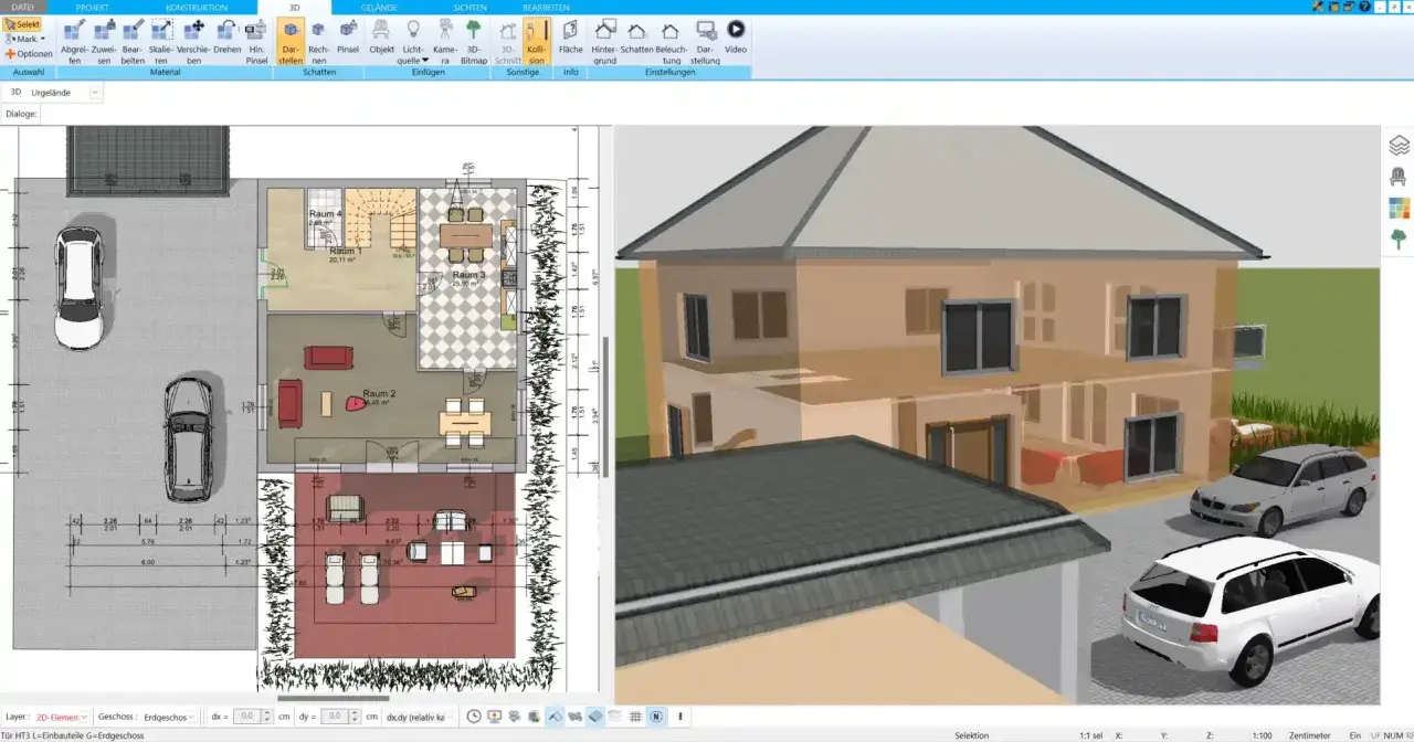 Grundriss und 3D-Ansicht eines modernen **Atrium Hauses** mit zwei Autos davor.
