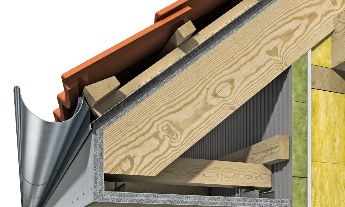 Detailansicht einer Dachkonstruktion mit fermacell Unterkonstruktion aus Holz. Dachziegel, Holzbalken und Dämmung sind sichtbar.
