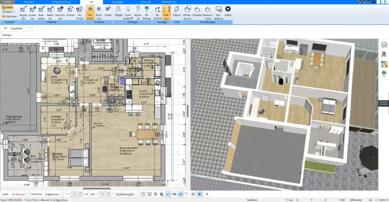 Grundriss und 3D-Ansicht eines modernen Fertighauses auf einem schmales Grundstück.