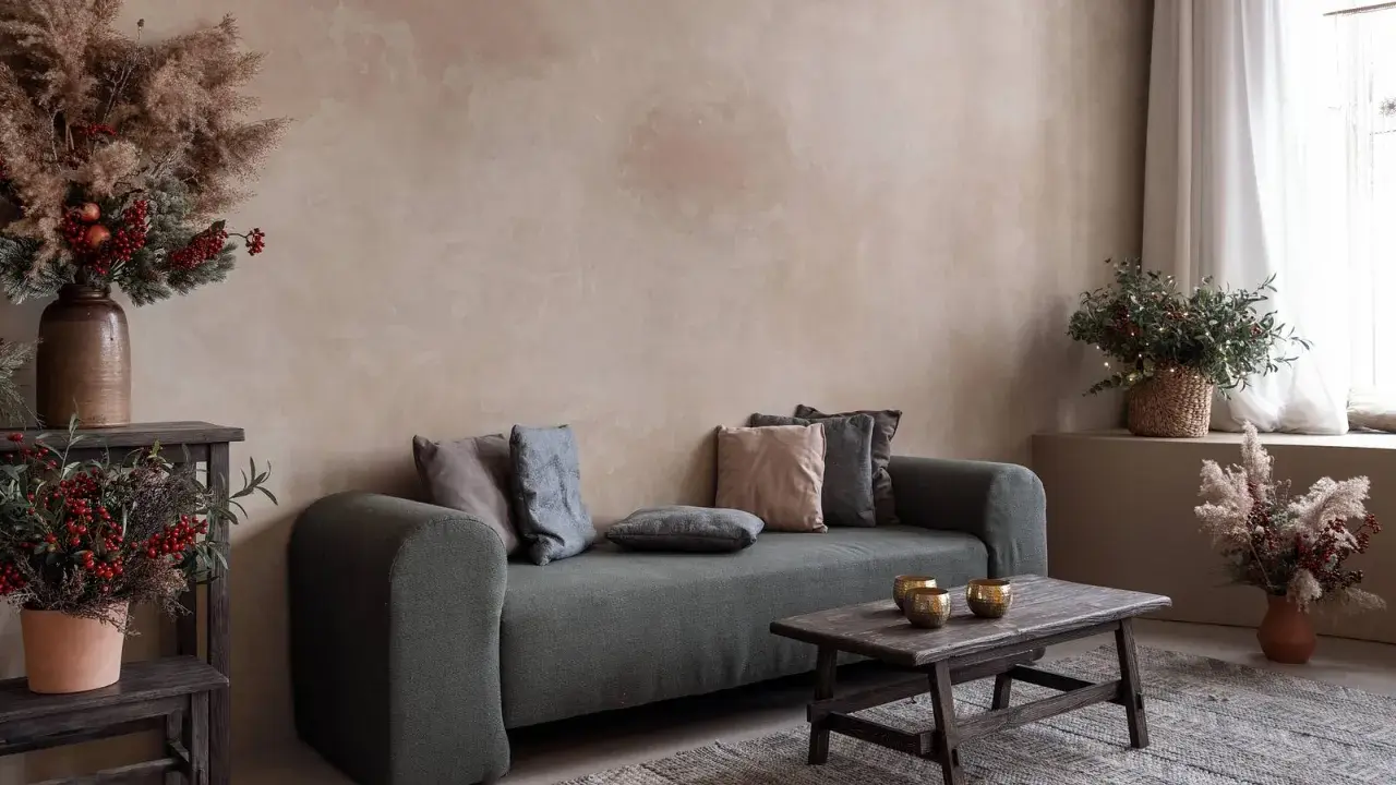 Gemütliches Wohnzimmer mit Sofa, Holztisch und rustikalen Dekorationen vor einer Wand mit **lime wash**-Oberfläche.