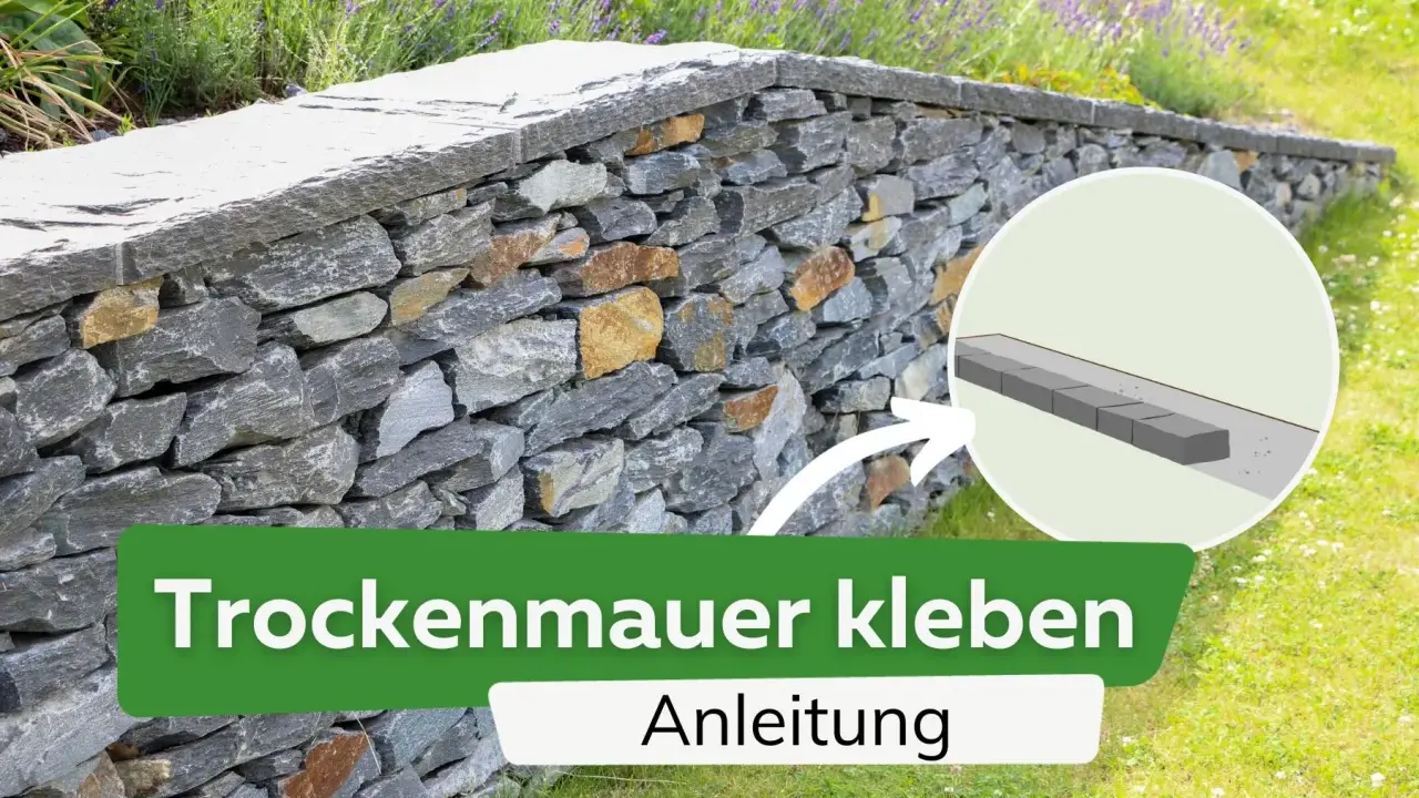 Anleitung zum Trockenmauer kleben: Eine detaillierte Darstellung zeigt, wie Mauersteine für eine stabile Trockenmauer verklebt werden.