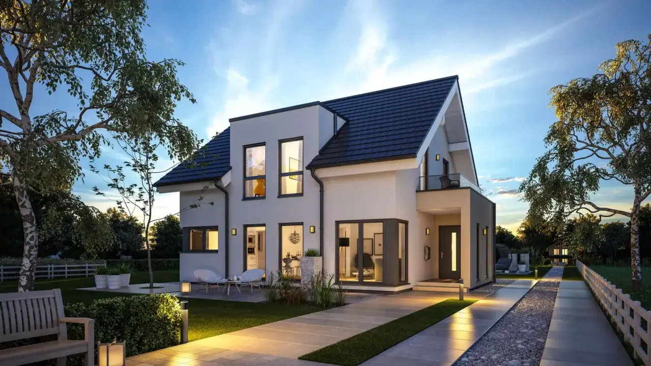 Modernes Einfamilienhaus mit Garten und Terrasse. Viele positive schwabenhaus erfahrungen sprechen für dieses Design.