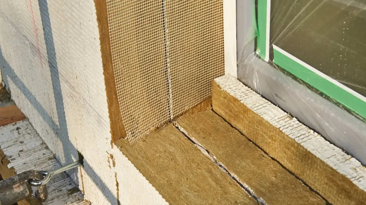 Fensterlaibung wird mit Steinwolle gedämmt. Das Material wird sorgfältig zugeschnitten und mit Armierungsgewebe versehen, um es vor dem Kleben vorzubereiten.