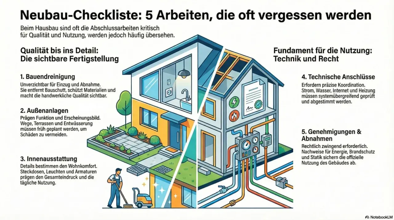 Checkliste für den Hausbau: 5 oft vergessene Arbeiten. Illustration zeigt Haus mit Details wie Reinigung, Außenanlagen, Innenausstattung, Technik und Genehmigungen.