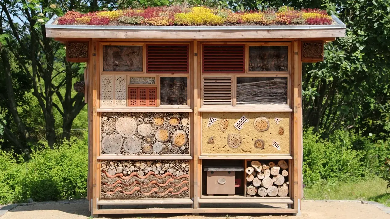Ein liebevoll gestaltetes **Insektenhotel DIY** mit begrüntem Dach, gefüllt mit Holz, Tannenzapfen und Lehm. Ein Paradies für nützliche Insekten.