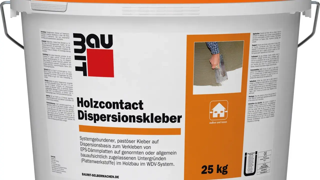 Baumit Holzcontact Dispersionskleber: pastöser Kleber zum Verkleben von EPS-Dämmplatten. Ideal zum Styropor kleben im Holzbau, innen und außen. 25 kg.