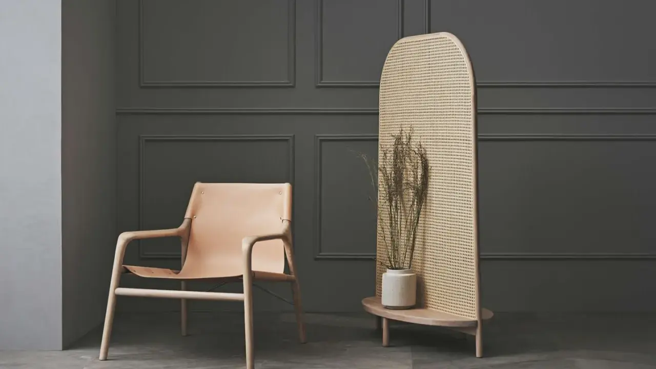 Ledersessel und Rattan-Raumteiler mit Trockenblumen – eine stilvolle alternative zu tapete.
