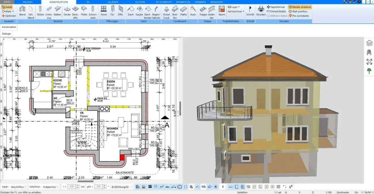 Ein Haus mit 3 Stockwerken, wie hoch es ist, wird hier in einer 3D-Ansicht und einem Grundriss gezeigt.