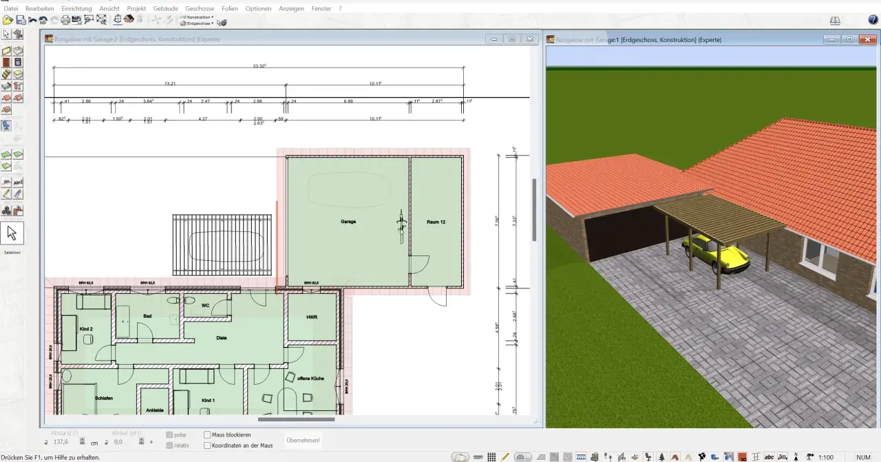 Bauplan eines Bungalows mit Garage und Carport. Die grenzbebauung garage ist im Plan detailliert.