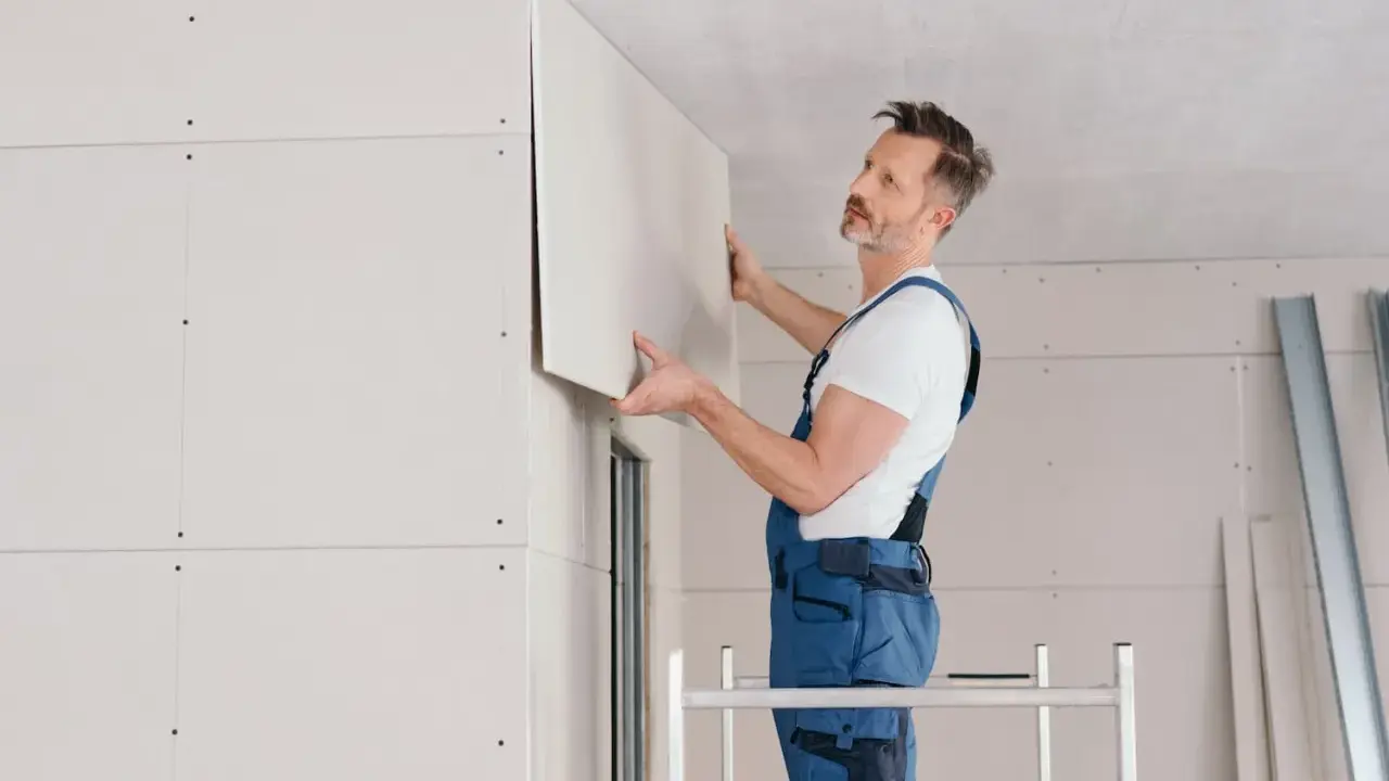 Handwerker montiert Kalziumsilikatplatten an der Decke. Mögliche Nachteile: Staubentwicklung und Bruchgefahr bei unsachgemäßer Handhabung.