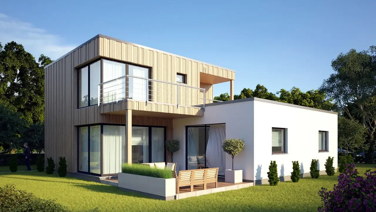 Modernes **Modulbau Haus** mit Holzfassade und Balkon, umgeben von einem gepflegten Garten.