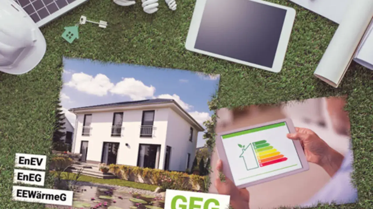 Energieausweis (EnEV, EnEG, EEWärmeG, GEG) für ein modernes Haus mit Solaranlage und energiesparenden Leuchten.