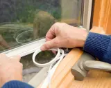 Hände legen Dichtungsband an, um das Fenster einzustellen und Zugluft zu vermeiden.