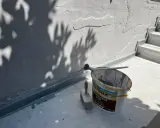 Werkzeug und Farbeimer bereit zum Ausbessern des Sockelputzes. Schatten von Blättern fallen auf die Wand.
