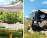 Gemütliche Liege unter einem DIY-Sonnensegel im Garten und ein Geländewagen mit Sonnensegel als Schutz für ein Picknick im Freien.