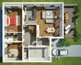 Moderne hausbau ideen: Grundriss mit Schlafzimmer, Bad, Küche, Wohnbereich, Esszimmer, Terrasse und Garage.