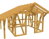 Holzkonstruktion eines Gartenhauses im Fachwerkstil. Ein kostenloser Gartenhaus Bauplan, der die Ständer, Balken und Dachsparren zeigt.