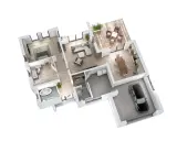 Architektur Grundriss einer modernen Wohnung mit Schlafzimmer, Wohnbereich, Küche, Bad und Garage.