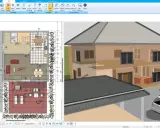 Grundriss und 3D-Ansicht eines modernen **Atrium Hauses** mit zwei Autos davor.