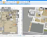 Grundriss und 3D-Ansicht eines modernen Fertighauses auf einem schmales Grundstück.
