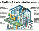 Checkliste für den Hausbau: 5 oft vergessene Arbeiten. Illustration zeigt Haus mit Details wie Reinigung, Außenanlagen, Innenausstattung, Technik und Genehmigungen.