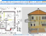 Ein Haus mit 3 Stockwerken, wie hoch es ist, wird hier in einer 3D-Ansicht und einem Grundriss gezeigt.