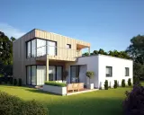 Modernes **Modulbau Haus** mit Holzfassade und Balkon, umgeben von einem gepflegten Garten.