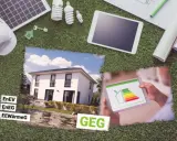Energieausweis (EnEV, EnEG, EEWärmeG, GEG) für ein modernes Haus mit Solaranlage und energiesparenden Leuchten.