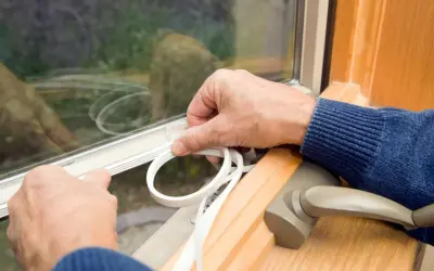 Hände legen Dichtungsband an, um das Fenster einzustellen und Zugluft zu vermeiden.