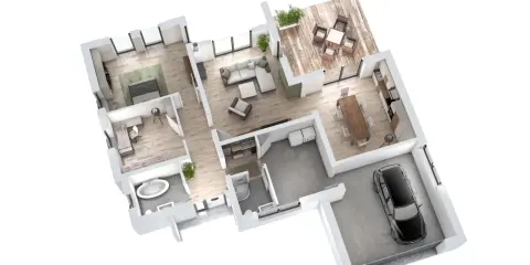 Architektur Grundriss einer modernen Wohnung mit Schlafzimmer, Wohnbereich, Küche, Bad und Garage.