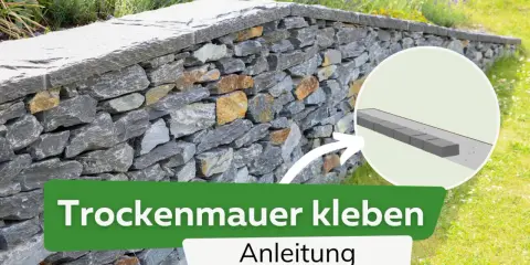 Anleitung zum Trockenmauer kleben: Eine detaillierte Darstellung zeigt, wie Mauersteine für eine stabile Trockenmauer verklebt werden.