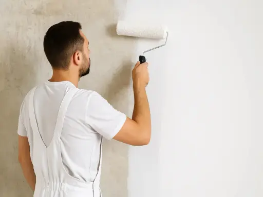 Mann trägt mit einer Malerrolle Rollputz auf eine Wand auf. Die Wand ist halb fertig, die linke Seite ist noch rau, die rechte Seite ist glatt und weiß.